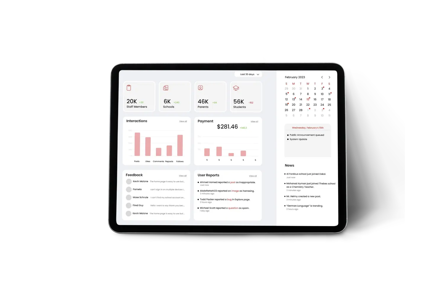A tablet showing a dashboard with a calendar and various information.