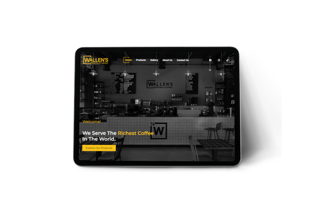 A minimalist coffee shop website design showcasing stylish walls and a cozy ambiance.